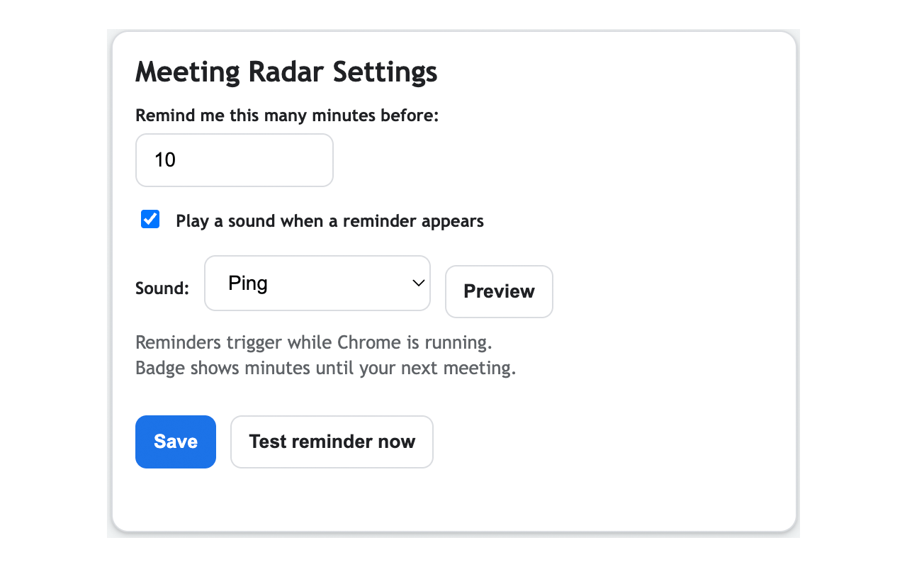 Meeting Radar options page showing reminder settings