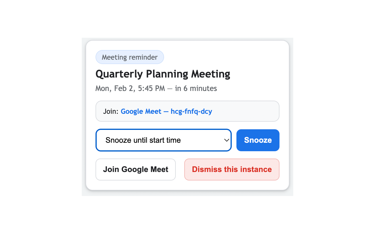 Reminder card with meeting details